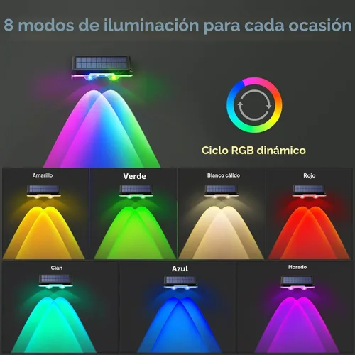 Miniatura 2 de TECKNET - Luces solares de valla para exteriores, paquete de 12 unidades, blanco cálido y 6 colores y RGB, luz de cubierta LED impermeable IP66