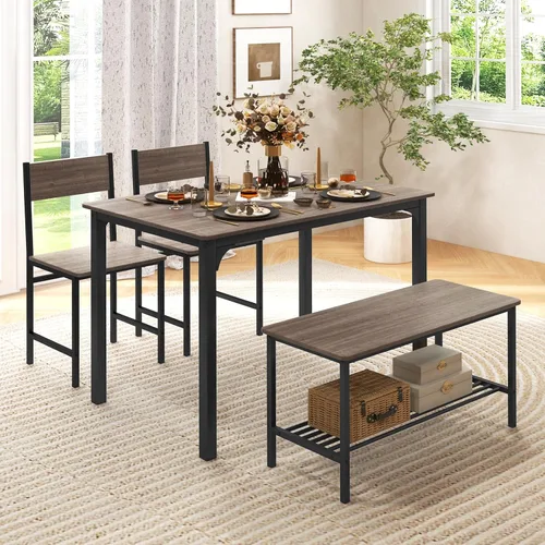 Miniatura 10 de GOFLAME Juego de mesa de comedor de 4 piezas para 4, mesa de cocina industrial con 2 sillas y banco, juego de mesa de desayuno que ahorra espacio
