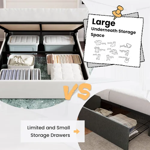 Miniatura 5 de SHA CERLIN Cama de Almacenamiento Elevable Tamaño Completo/Tapizada en Terciopelo/Cabecera Moderna Tipo Wingback/Marco de Cama Plataforma Blanco