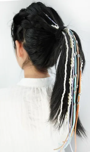 Miniatura 3 de Diadema trenzada de perlas de imitación y estilo bohemio, pinzas para trenzar el cabello, extensiones de cabello largo, cadena de cabello