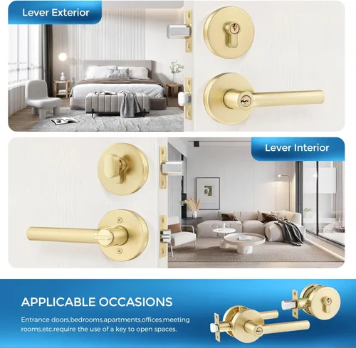 Miniatura 2 de Leydebong Paquete de 1 manija de puerta de entrada resistente dorada (para oficina y puerta delantera) reversible para lado derecho e izquierdo