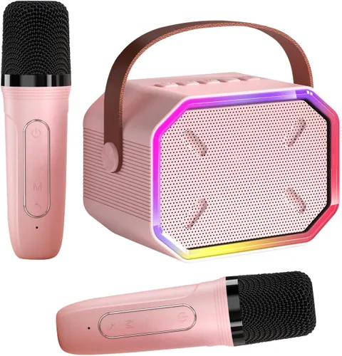 Miniatura 16 de Máquina de karaoke para niños y adultos, mini altavoz Bluetooth portátil con 2 micrófonos inalámbricos, luces LED para TV, regalos para niñas y Azul