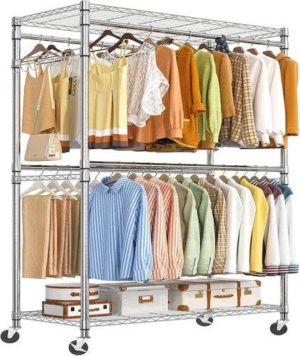 Simple Trending Perchero para ropa resistente con ruedas y 4 varillas colgantes, estantes ajustables para prendas rodantes, capacidad de carga 254