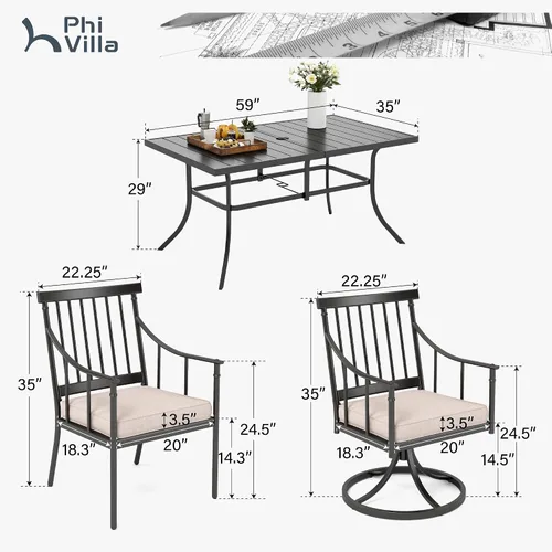 Miniatura 9 de PHI VILLA Juego de mesa de comedor para patio de 7 piezas con cojín para 6, mesa grande rectangular de metal para exteriores con orificio para Silla