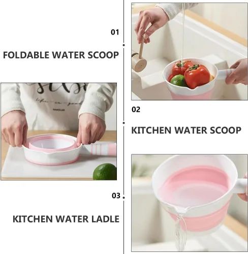 Miniatura 5 de Hemoton Cucharón de agua plegable Cucharón de cocina Cucharón de agua Cucharón de agua para cocina, baño, jardín, baño, lavado de agua, color rosa