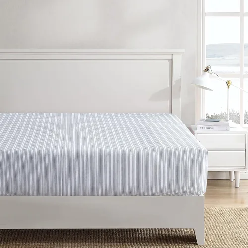Miniatura 2 de Nautica Sábana bajera ajustable de tamaño individual, ropa de cama de percal de algodón crujiente, sábana ligera y transpirable, bolsillo profundo