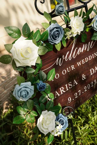 Miniatura 9 de PONATIA Guirnalda de flores artificiales de rosas hechas a mano de 5 pies, guirnalda de flores azul polvoriento y follaje para ceremonia de boda