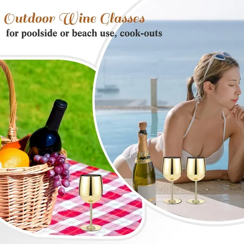 Miniatura 3 de Irenare Juego de 4 copas de vino de acero inoxidable doradas de 12 onzas, copas de vino de metal irrompibles y portátiles para boda, aniversario