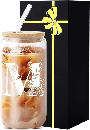 Miniatura 24 de Vaso de vidrio con monograma con tapa, pajita, idea de regalo de moda para amantes del café para mujeres y adolescentes, regalo personalizado
