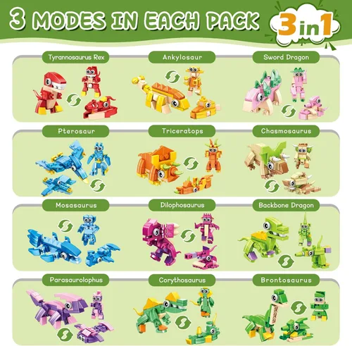 Miniatura 2 de Paquete de 24 recuerdos de fiesta para niños, juguetes de bloques de construcción de dinosaurios 3 en 1, regalos de aula para niños, rellenos