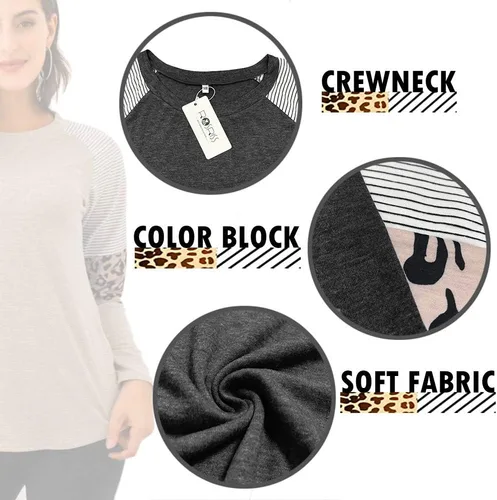 Miniatura 4 de Womens Plus Size Tops Long Sleeve Leopard Print Striped Color Block Shirts
