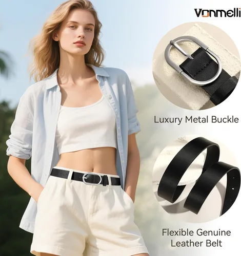 Miniatura 4 de VONMELLI Paquete de 3 cinturones de mujer para pantalones vaqueros, cinturón de vestir con hebilla dorada