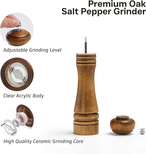Miniatura 2 de Molinillo de sal y pimienta de madera, molinillo de sal y pimienta, cocteleras de madera de roble con molinillos de cerámica ajustables, 8 pulgadas