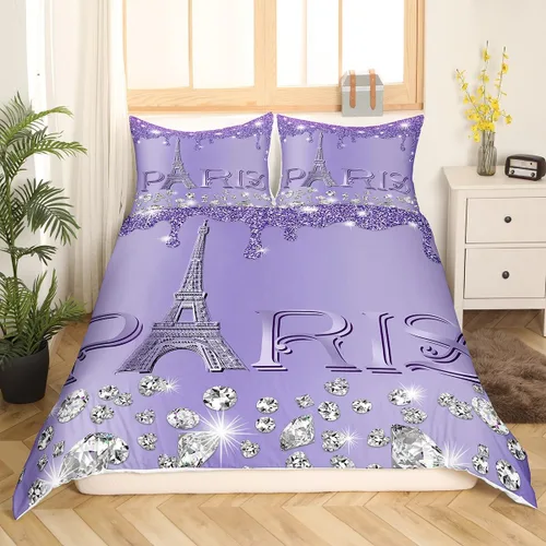 Miniatura 19 de Erosebridal Funda de edredón de la Torre Eiffel para niñas, juego de ropa de cama romántica de París azul, negro y blanco, funda de edredón