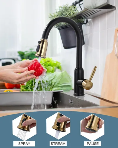 Miniatura 2 de Grifo de cocina de oro negro con rociador: WOWOW Grifo de fregadero de cocina de acero inoxidable 304 para 1 o 3 agujeros, llave mezcladora de arco
