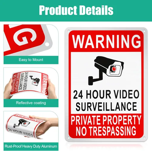 Miniatura 3 de Kenning Paquete de 8 carteles de propiedad privada No Trespassing para videovigilancia 24 horas, 10 x 7 pulgadas, reflectante, de aluminio, placa