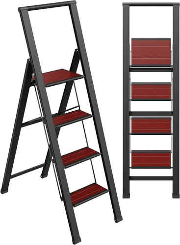 Miniatura 16 de Escalera plegable de 1 escalón, decorativa, hermosa caoba y aluminio negro, perfil ultra delgado, peldaños antideslizantes, resistente y portátil