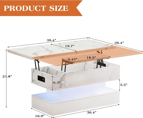 Miniatura 2 de SYESWAY - Mesa de centro con tapa elevable de 39.4 pulgadas con estación de carga, mesa central con diseño de mármol brillante con compartimento