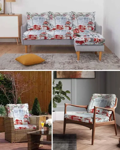 Miniatura 6 de Fundas de cojín elásticas para sofá de Navidad, diseño de muñeco de nieve, seccional/individual/en forma de L, funda protectora para muebles