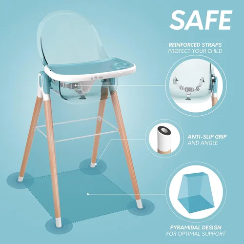 Miniatura 5 de Silla alta de madera de lujo 6 en 1 para bebés y niños pequeños, moderna, segura y compacta, fácil de limpiar y montar, bandeja extraíble, 6 Azul