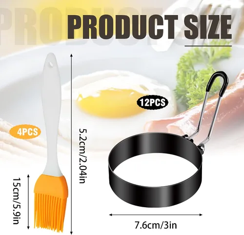 Miniatura 2 de 12 anillos de huevo para freír huevos, molde antiadherente para panqueques, molde de acero inoxidable con 4 cepillos de silicona, forma redonda