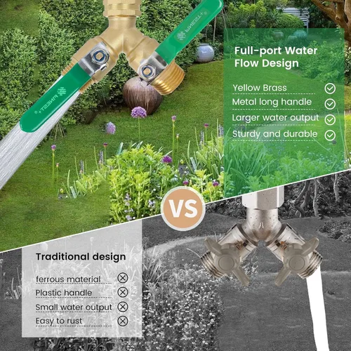 Miniatura 2 de Divisor de Manguera de Jardín de 2 Vías, Divisor de Válvula Y de Latón Resistente para Manguera de Jardín con Mango Largo de Acero Inoxidable