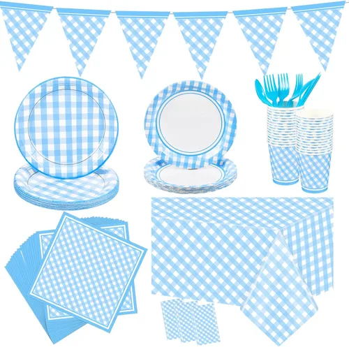Preboun 198 piezas de suministros de fiesta a cuadros para 24 invitados, mantel a cuadros, banderín, placa, servilleta y cubiertos para picnic, Azul