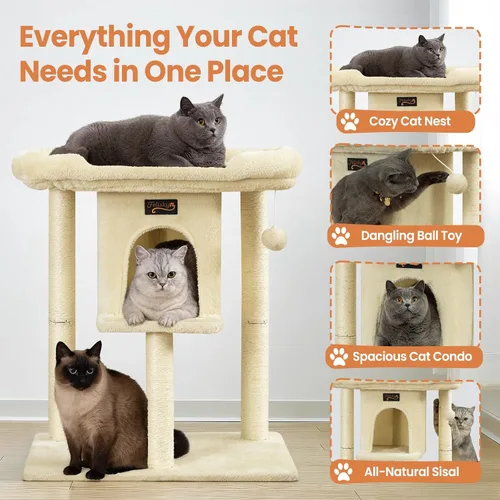 Miniatura 5 de Poste rascador de torre para gatos grandes de interior, árbol pequeño para gatos con cama grande, casa de árboles de 28 pulgadas de alto con cueva