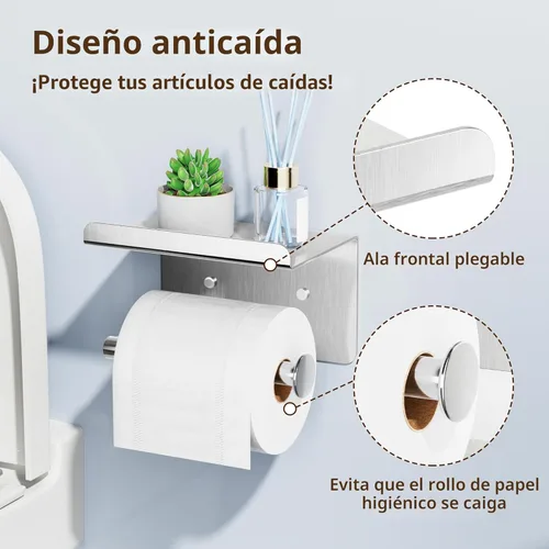 Miniatura 6 de Soporte autoadhesivo para rollo de papel higiénico - Soporte de pared o adhesivo para papel higiénico con estante,Soporte para rollo de papel Plata