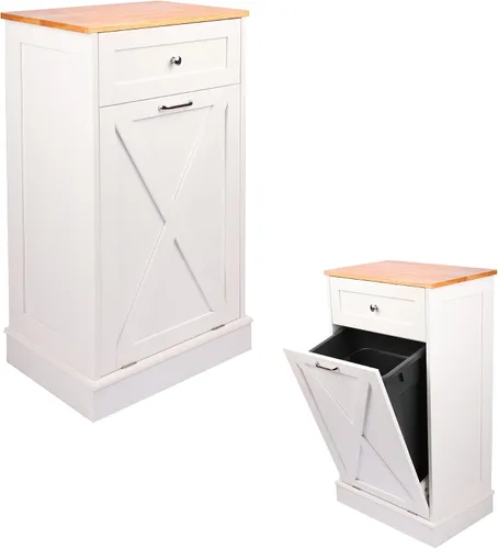 TOLEAD Armario de basura inclinable de pie de 10 galones con puerta de granero para cocina, sala de estar, comedor, color blanco