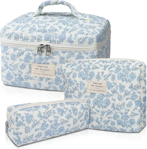 Miniatura 28 de Set de bolsas de maquillaje, bolsa de maquillaje acolchada, bolsa de cosméticos floral grande para mujeres, lindas bolsas de maquillaje de algodón