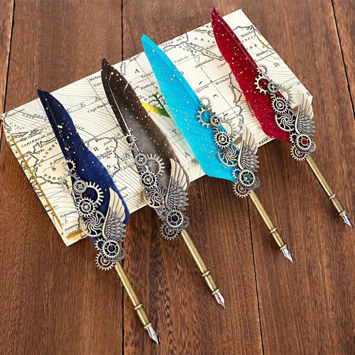 Miniatura 6 de NC Juego de tinta de plumas, incluye 5 botellas de tinta y 6 puntas reemplazables, bolígrafo mecánico para escribir, letras, diario, firma, Azul