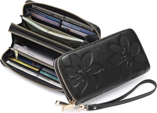 Miniatura 9 de GOIACII Cartera de mujer de gran capacidad con doble cremallera para mujer, soporte para teléfono con bloqueo RFID, correa de cuero