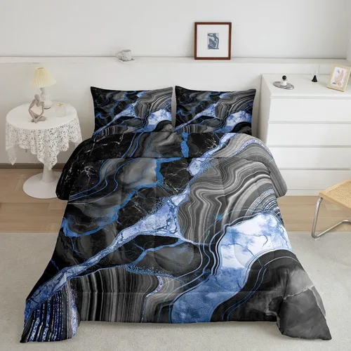 Miniatura 32 de Juego de edredón de mármol negro individual, ropa de cama dorada agrietada para adultos, hombres y mujeres, juegos de edredón de textura metálica