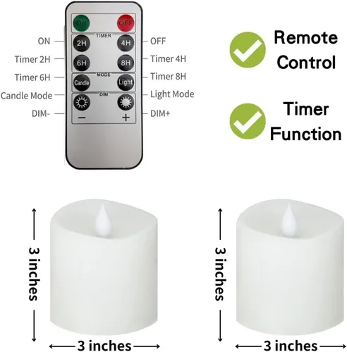 Miniatura 2 de Juego de 2 Velas sin llama parpadeantes de 3x3 pulgadas, cera real LED, pilas de 600 horas, velas con temporizador y control remoto, para bodas