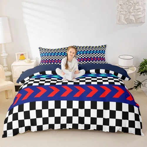 Miniatura 23 de Feelyou Race Car Duvet Cover Twin Size Boys Girls Speed Sports Car Bedding Set Breathable Soft Racing Comforter Cover 2Pcs Black White Checked