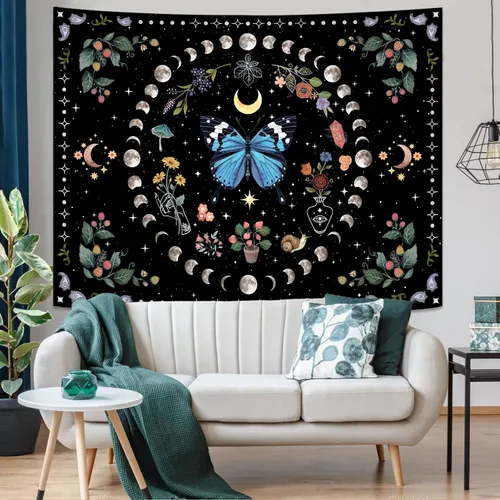Miniatura 2 de Aipon Tapiz de flores de mariposa azul botánico bohemio para colgar en pared para dormitorio y sala de estar (36.00 pulgadas, 48.00 pulgadas, azul)