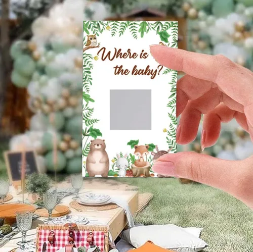 Miniatura 6 de Juego de rascar para baby shower, 50 tarjetas con el tema ¿Dónde está el bebé? Juegos YoungFun con adorables animales del bosque para revelaciones