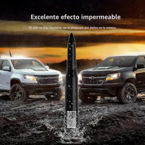 Miniatura 5 de Antena de camión para automóvil con tapas de válvula de neumáticos, bandera estadounidense, repuesto corto universal para GMC Sierra, Chevy, Negro
