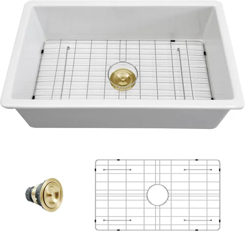 Miniatura 9 de Sarlai Fregadero de cocina blanco de 27 pulgadas de 27 x 19 pulgadas, fregadero de cocina blanco de doble caída y montaje inferior, de arcilla