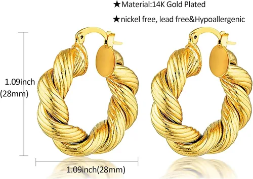 Miniatura 42 de Aretes de aro gruesos de oro para mujer, chapados en oro de 14 quilates, aretes de aro triple, hipoalergénicos, a la moda, aretes de aro gruesos
