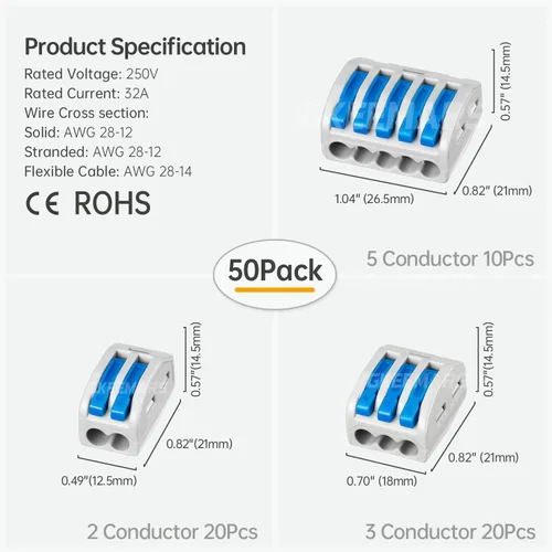 Miniatura 4 de 50 conectores de cable de palanca, conector conductor de empalme compacto para cables flexibles de trenzado sólido 28-12 AWG (azul)