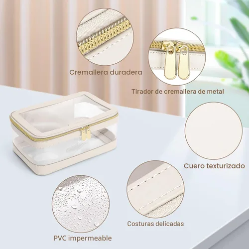 Miniatura 5 de Soimeat Bolsa de maquillaje transparente de viaje con bolsa para brochas de maquillaje, estuche de maquillaje de cuero, bolsa de cosméticos Blanco
