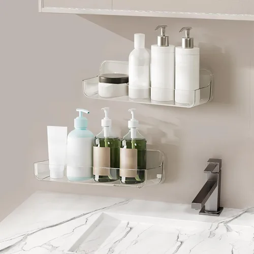 Diesisa Organizador de pared acrílico de 2 piezas, estante adhesivo, organizadores de pared, sin perforaciones, estantes de baño, estante de pared