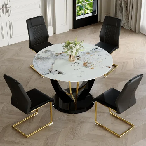 Miniatura 41 de Juego de mesa de comedor redonda para 4, mesa moderna de 48" con tapa de mármol sintético falso y pedestal brillante negro, juego de mesa de cocina