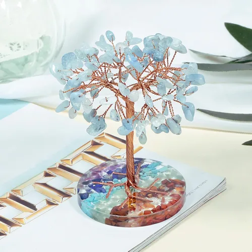 Miniatura 4 de rockcloud Árbol de dinero de alambre de cobre de cristal aguamarina con base redonda de resina colorida, árbol de piedra bonsái hecho a mano