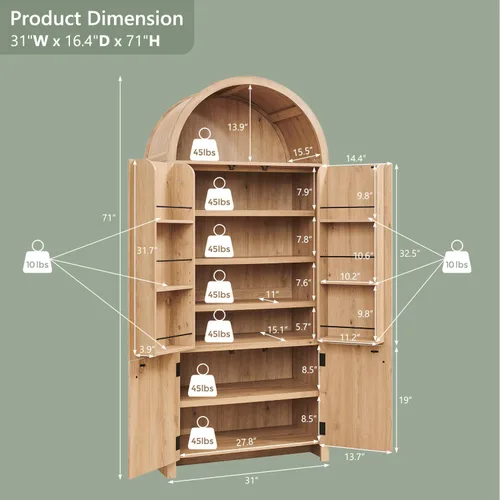 Miniatura 2 de IFGET Despensa de cocina arqueada de 71 pulgadas de alto, moderno armario de almacenamiento de madera estriada con puertas, 3 estantes ajustables, 6