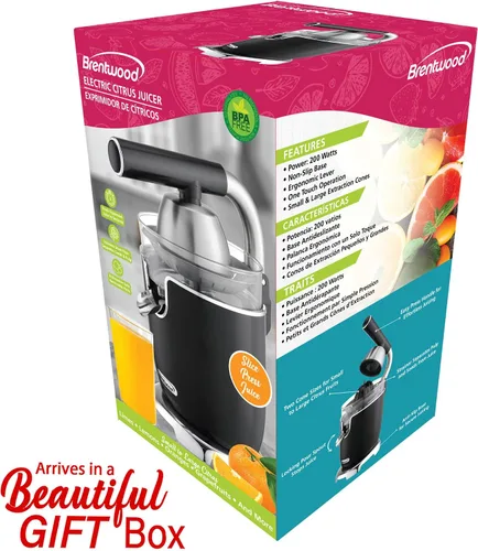 Miniatura 7 de Brentwood Potente exprimidor eléctrico de cítricos, naranja, limón, lima y pomelo, palanca ergonómica, 2 conos, piezas aptas para lavavajillas Negro