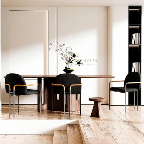 Miniatura 8 de Silla de comedor moderna de tela negra de lino con respaldo curvo, patas de metal y reposabrazos de cuero, sillón moderno de mediados de siglo