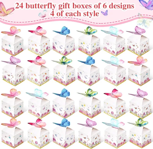 Miniatura 3 de Ctosree 24 cajas de regalo de fiesta de mariposa, bolsas de dulces florales, caja de papel de regalo de mariposa rosa para niña, decoración azul